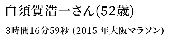 3時間16分59秒 (2015 年大阪マラソン)