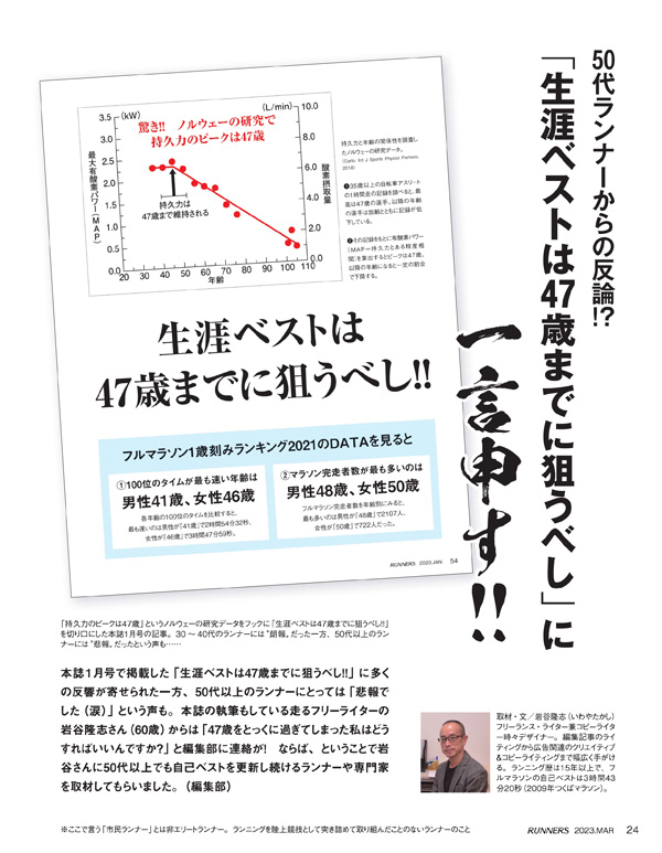 特集ページ：反響の1月号特集は50代読者には悲報!?<br>「生涯ベストは47歳までに狙うべし」に一言申したい!!