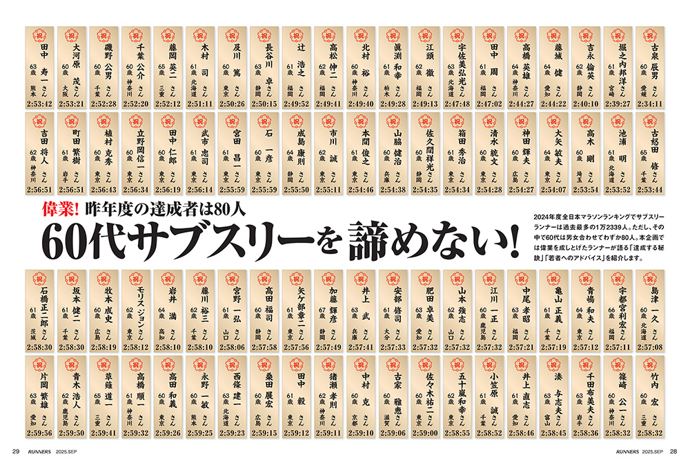特集ページ：偉業！　昨年度の達成者は80人<br>60代サブスリーを諦めない