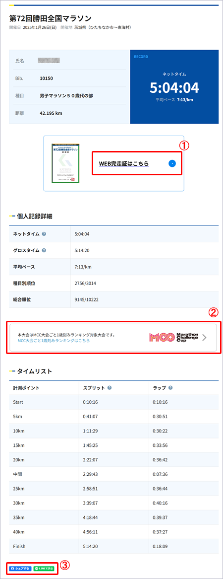 大会結果詳細（記録詳細）画面
