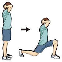 【ランジ】立った状態から大きく脚を前に出し、その後元の体勢に戻る。片脚ずつ交互に10回ずつ