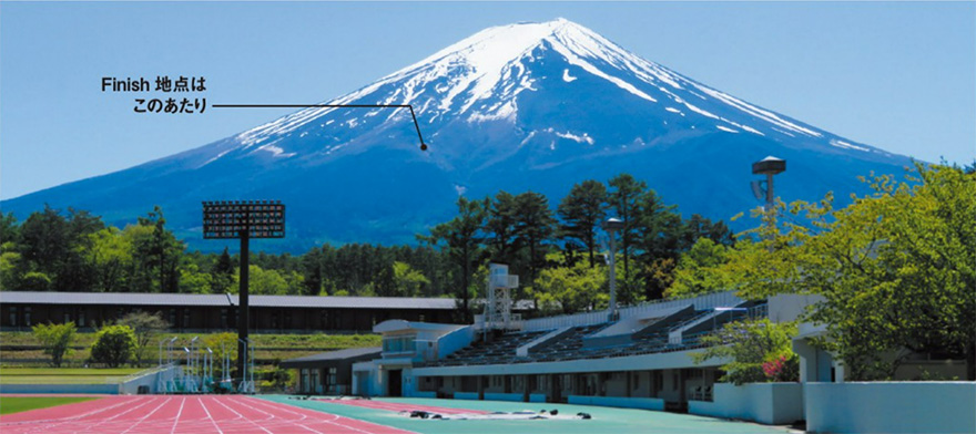 スタート地点の富士北麓公園から見える富士山。ワンウェイコースでスタート地点からフィニッシュ地点が見えるのは登山レースならでは