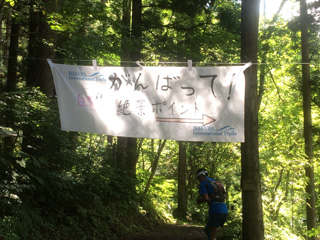 手作り横断幕があちこちにあるのも嬉しい！「絶景ポイント」という幕があったので右手を見てみると……