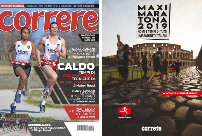 左：イタリアの月刊誌「correre(コッレレ)」は、〝イタリア版ランナーズ〟とも言える（？）ランニング専門誌。右：毎年2月発売号には前年のフルマラソン記録集「MAXIMARATONA」がつく